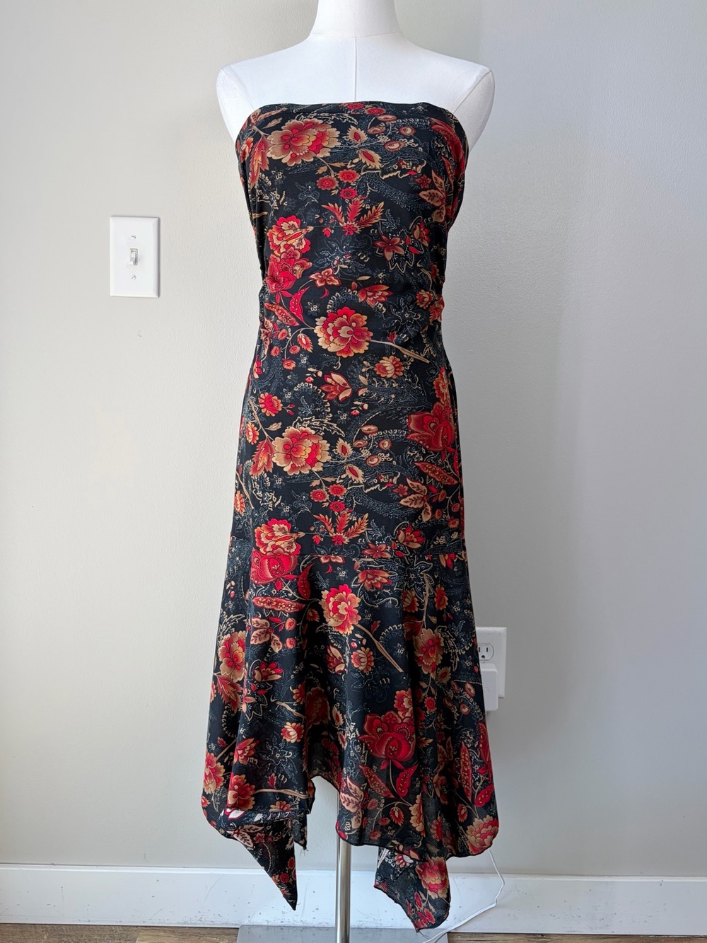 Vintage Zinc Dark Floral Strapless Handkerchief Hem Dress Dark Feminine Romantic